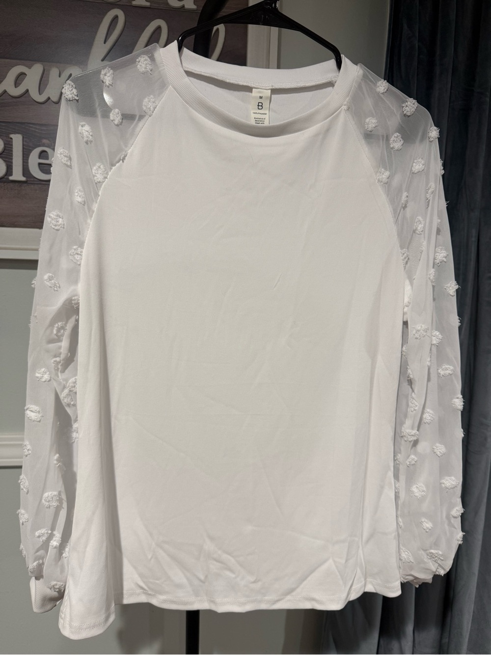 Women's White Long-Sleeve Swiss Dot Mesh Sleeve Top